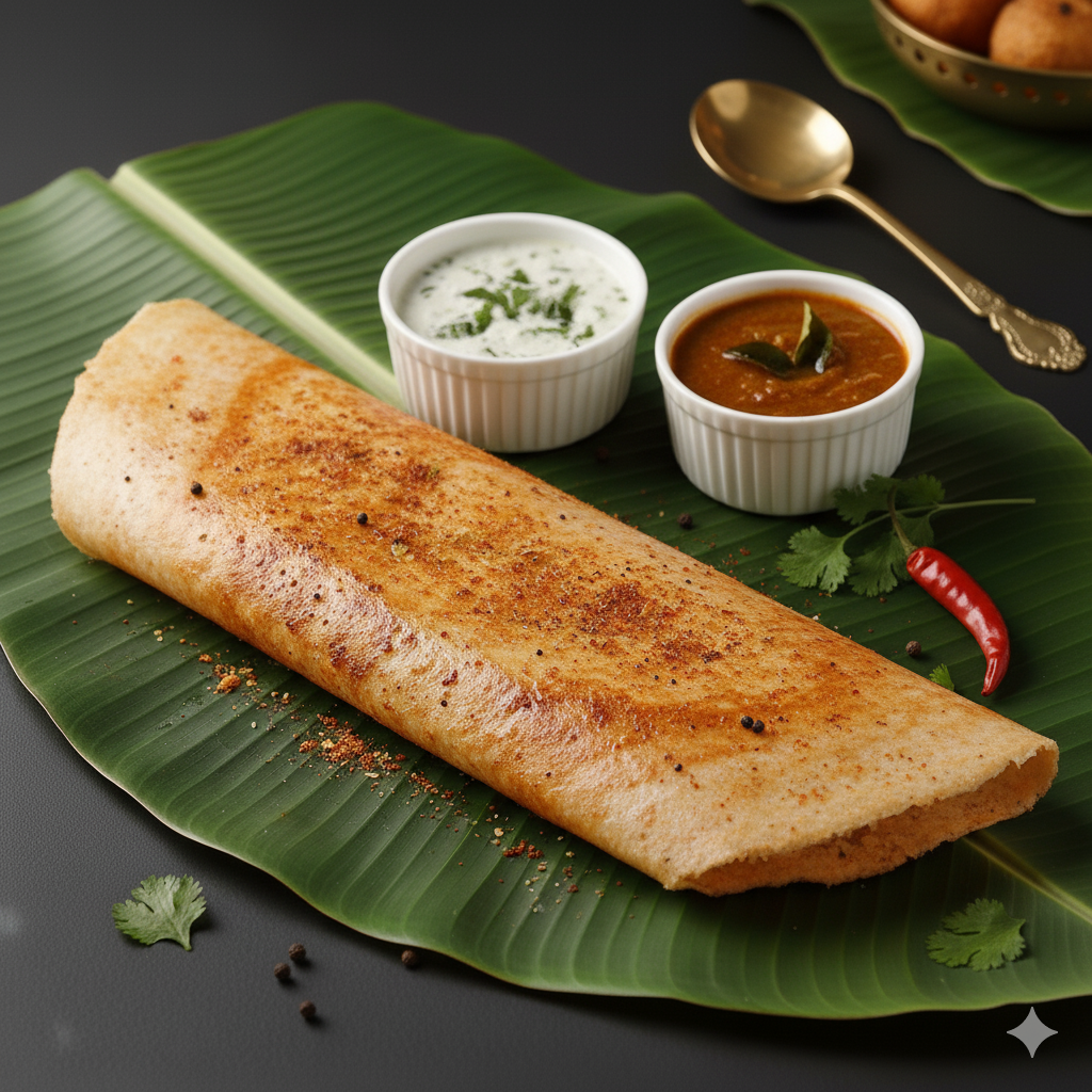 A dosa covered in red podi spice mix